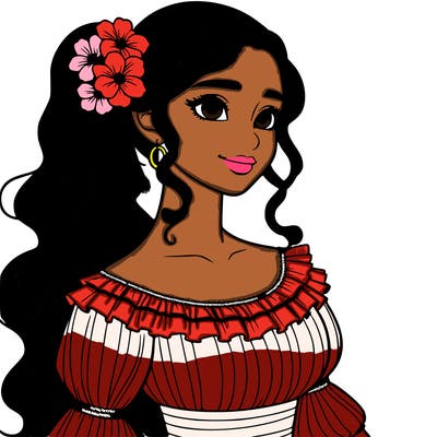 a single latina woman with a side ponytail and a long dress with ruffles. she has a few discreet flowers in her hair. realistic