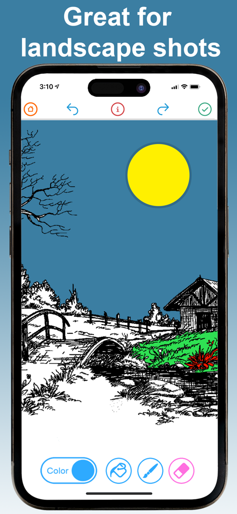 Turn Photo To Picture Coloring - Uno schermo di un iPhone che mostra uno schizzo di un paesaggio colorato con strumenti digitali