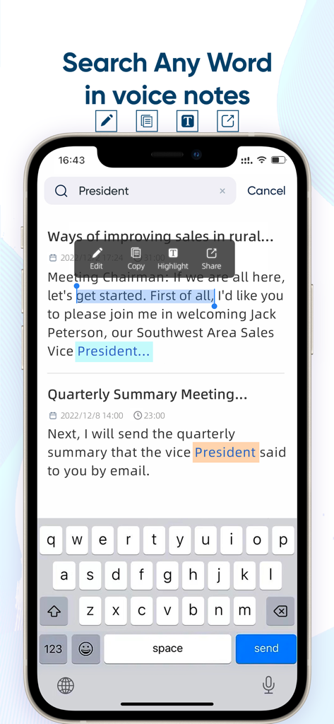iRecord app interface showing the word search and highlight feature within voice note transcripts