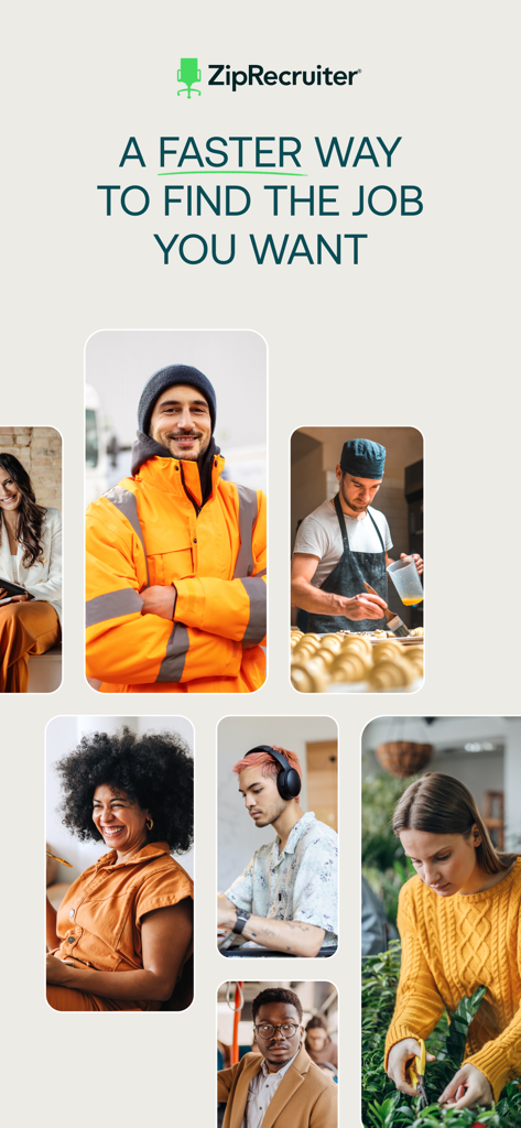 ZipRecruiter marketing display with diverse professionals and the text A Faster Way To Find The Job You Want