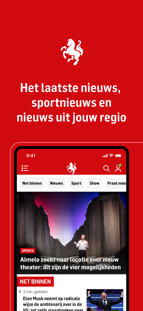 Captura de pantalla de la aplicación Tubantia Nieuws que muestra titulares de noticias y deportes holandeses regionales sobre un fondo rojo.