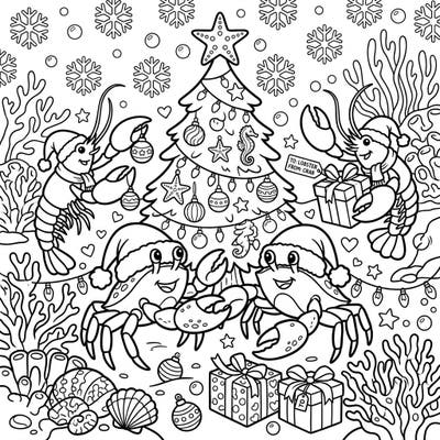 Get ready for a unique holiday celebration with our delightful Crabs & Lobsters Christmas coloring page. Watch as these cheerful crustaceans adorn a festive underwater tree and exchange gifts, bringing joy to your coloring session.