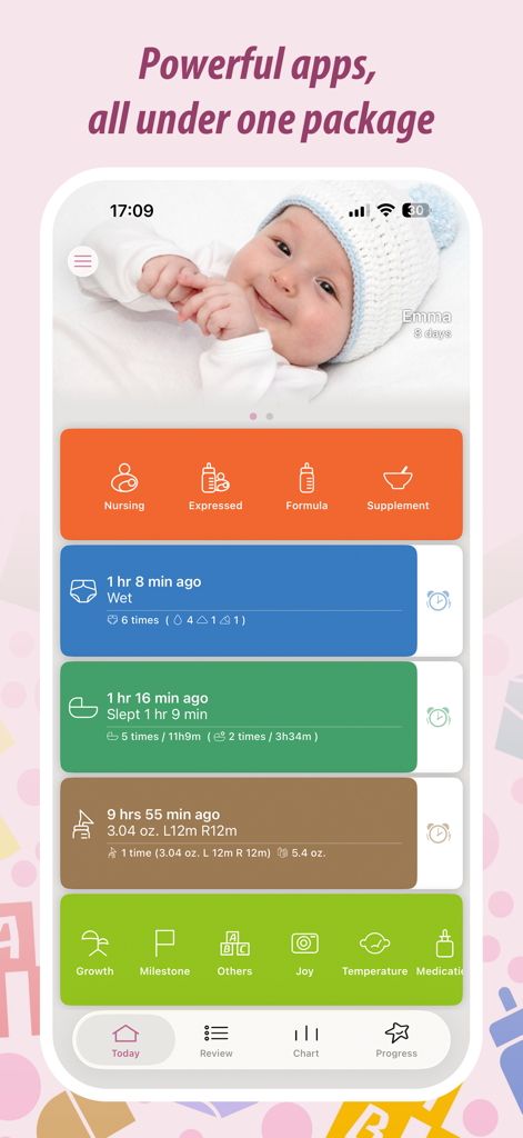 Dashboard der Baby Tracker Pro App mit Protokollen für Babyfütterung, Schlaf und Windelwechsel