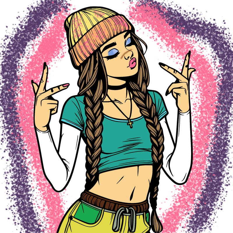 realistic teenage girl with braids and a beanie and crop top doing 🫶🏼