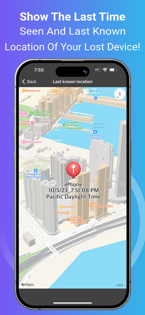 Vista de mapa que muestra la última ubicación conocida y la hora de un dispositivo Bluetooth perdido.
