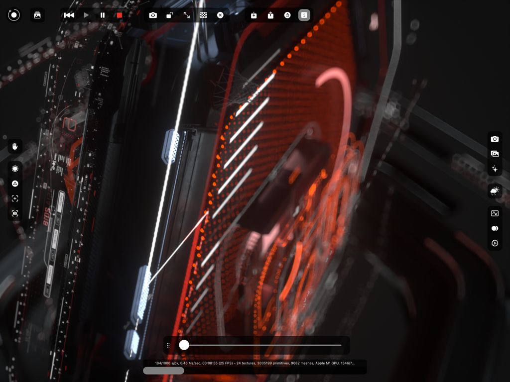 iPad Pro上のOctane Xプロフェッショナル3Dレンダリングインターフェイス。