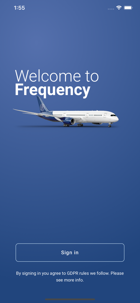 Frequency Communications app welcome screen with a commercial airplane and sign in option