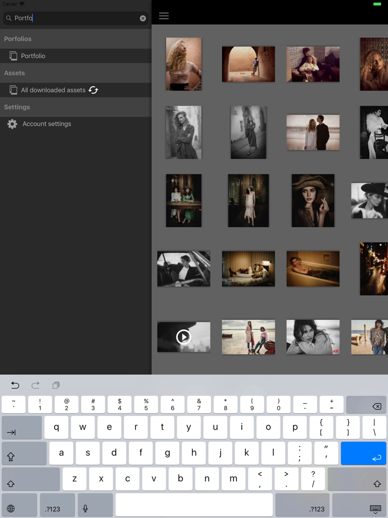 Oberfläche der Lookbooks Portfolio App auf dem iPad mit einem Raster von Fotogalerien und einer Suchleiste.