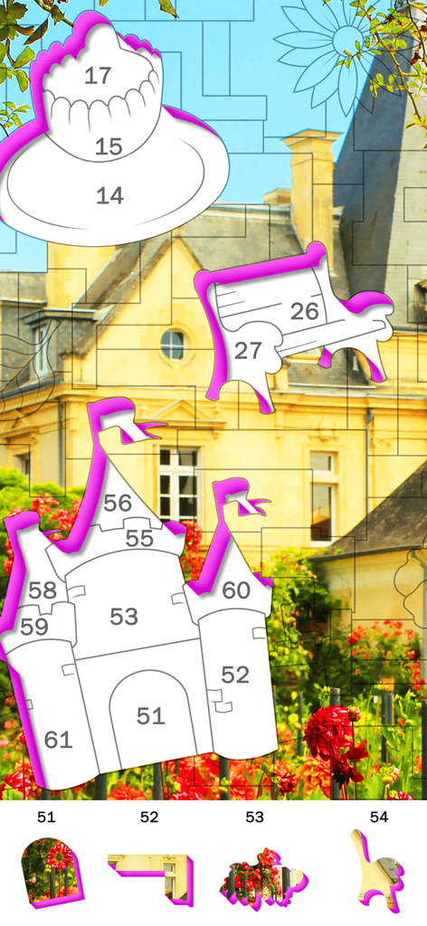 庭と建物のカラフルな風景の背景の上に、数字のピースで組み立てられている3Dジグソーパズル。