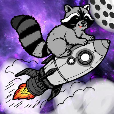 realistic raccoon flying on top rocket ship