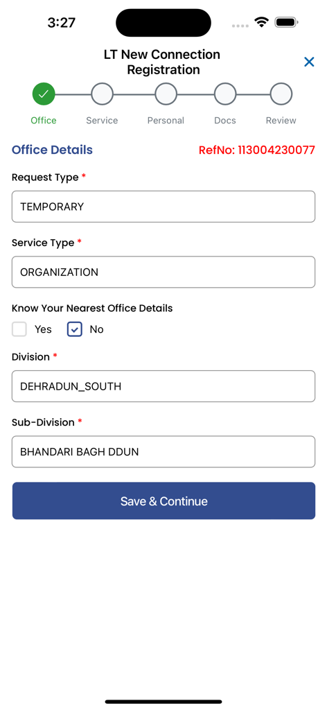 LT New Connection Registration form on the UPCL Consumer Self Service app.
