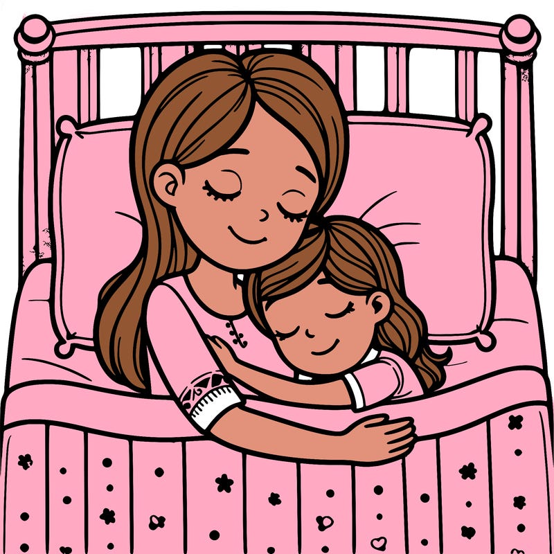 mom and daughter sleeping on a bed hug
