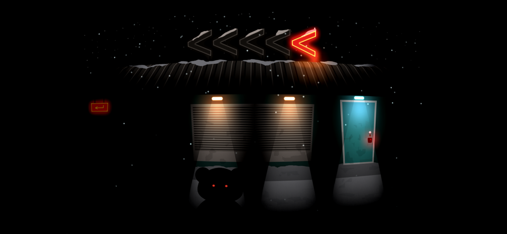 A dark night scene at the Bear Haven Motel with a bear silhouette having glowing red eyes hiding in the shadows