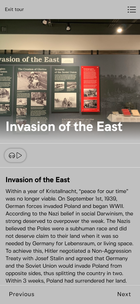 Captura de tela do guia educacional Invasão do Leste dentro do aplicativo Museu do Holocausto