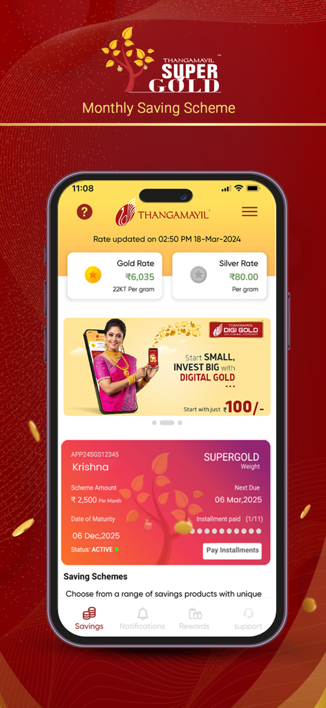 Thangamayil DigiGold mobile app dashboard showing the SuperGold monthly saving scheme and real time gold and silver rates