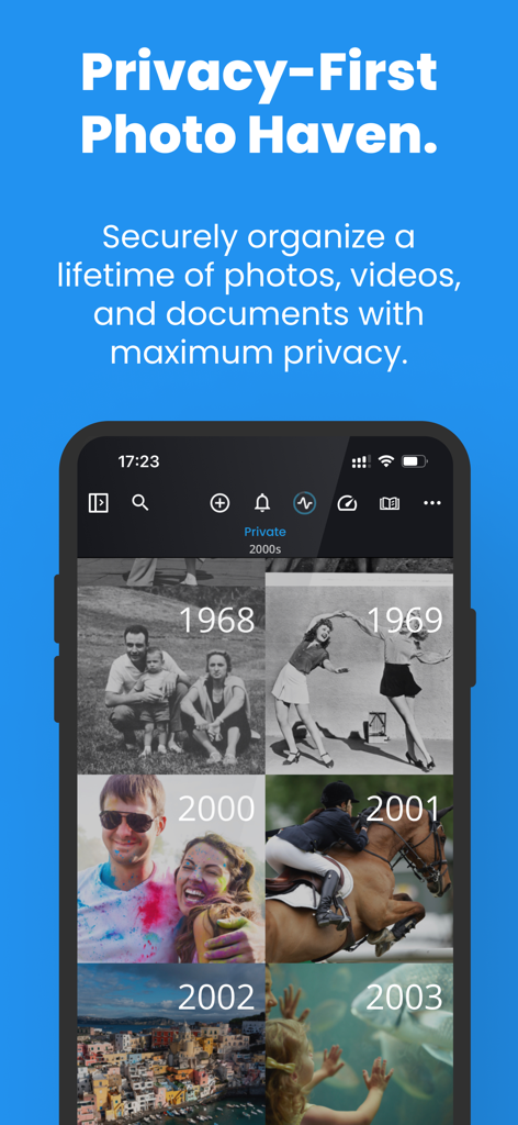 Mylio Photos app interface showing a private photo gallery organized by decades and years
