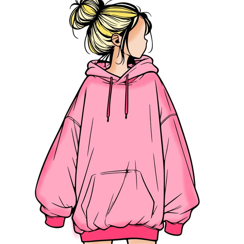 realistic girl with a oversized sweatshirt on and a bun