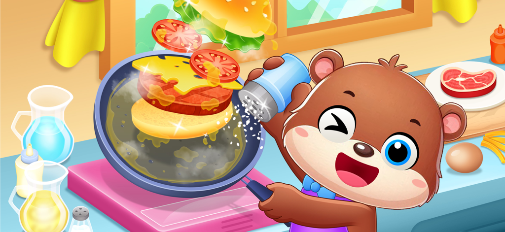 Kids Cooking Game 2+ year olds - Cartoon bear seasoning a hamburger in a frying pan in a kitchen