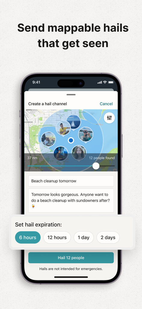 SeaPeople: Boat Travel Map - A mobile interface for creating a map-based community hail message on SeaPeople app.