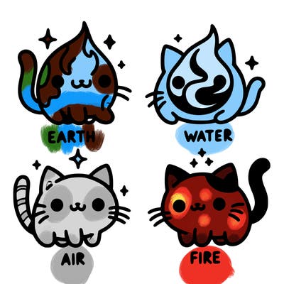 4 cats that represent the different elements, earth, water, air, and fire