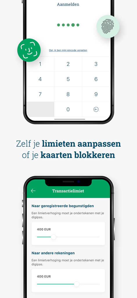 Argenta Banking - Capture d'écran de l'application Argenta Banking montrant un écran de connexion sécurisé par code PIN et un menu permettant d'ajuster les limites de transaction à l'aide de curseurs.