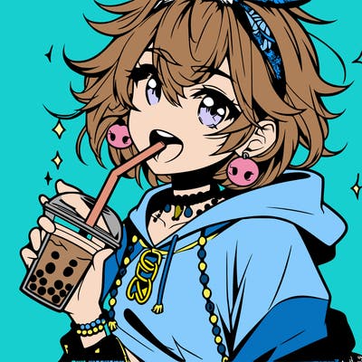 hot baddie anime girl drinking boba and biting the straw