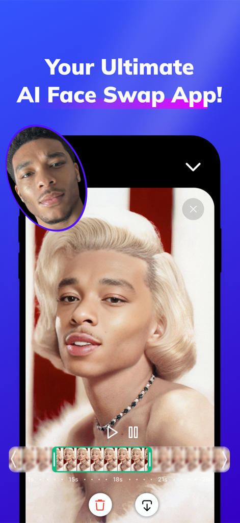A screenshot of the Vizia app showing a man's face swapped onto a video of a person with blonde hair.