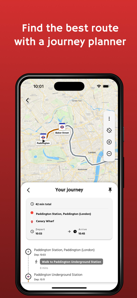 London Bus Pal - App London Bus Pal che mostra un pianificatore di viaggio con una mappa e i dettagli del percorso da Paddington a Canary Wharf