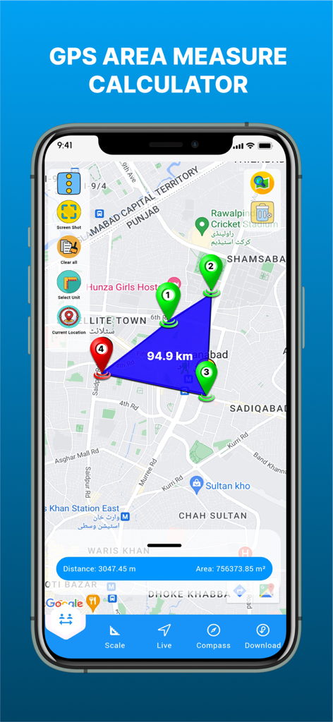 GPS Land Area Measure Live - Interface do aplicativo Medição de Área de Terreno GPS ao Vivo mostrando uma área poligonal medida em um mapa com resultados de distância e metros quadrados.