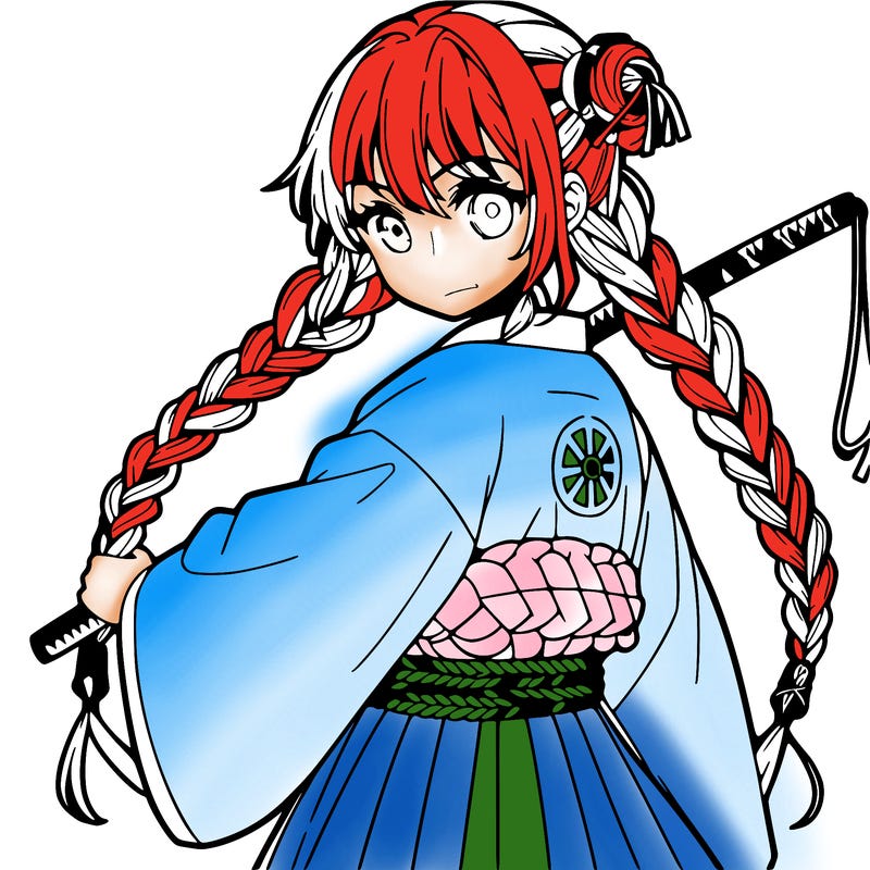anime girl with three braids and a katana whip