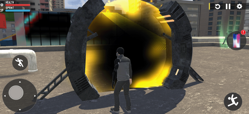A character stands before a large glowing yellow portal on an urban rooftop in the game Elevated Run City Freestyle