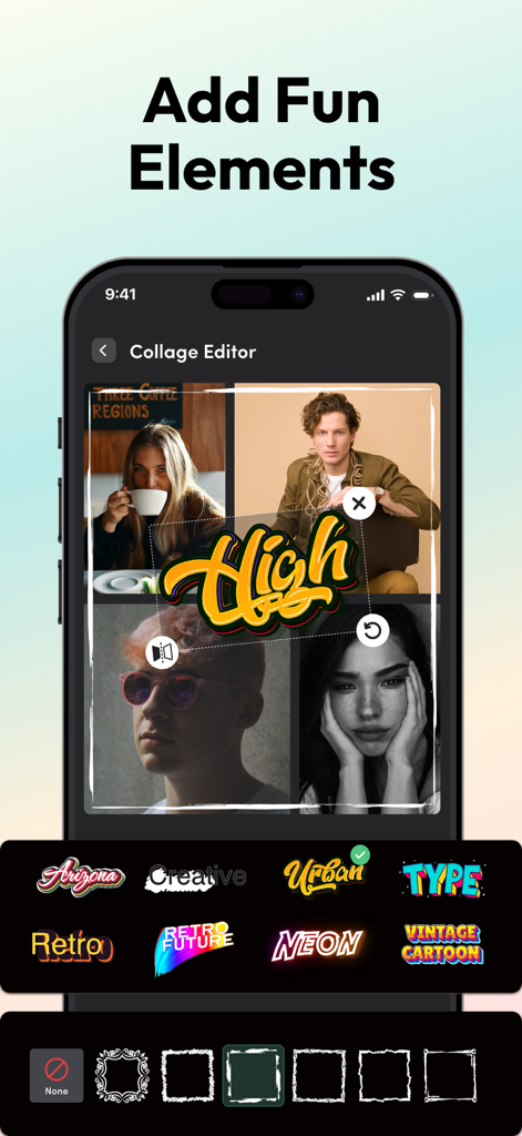 Photo Grid - Pic Collage Maker - Photo Grid app interface showing collage editing with stickers and frame options