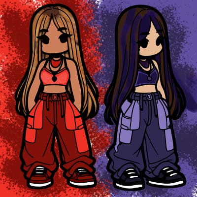 girl in baggy pants crop top and long hair