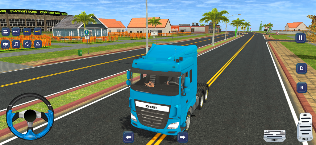 US Truck Driving Cargo Games - Un camión semirremolque azul conduciendo por un vecindario suburbano soleado en un juego de simulador de camiones.