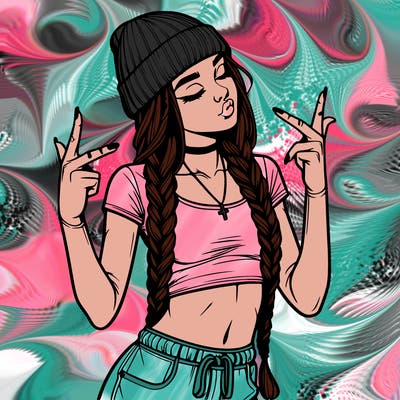 realistic teenage girl with braids and a beanie and crop top doing 🫶🏼