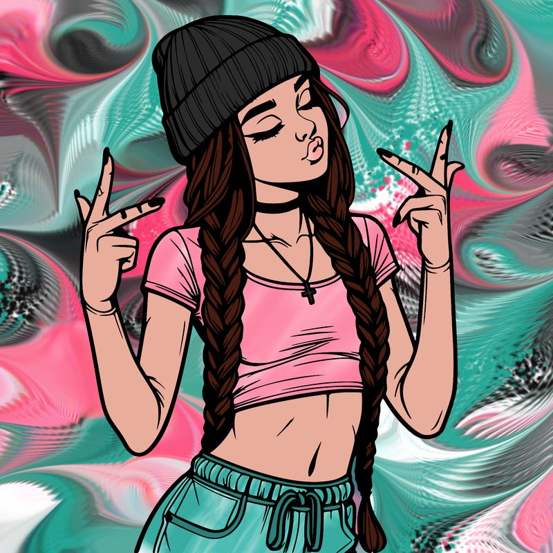 realistic teenage girl with braids and a beanie and crop top doing 🫶🏼