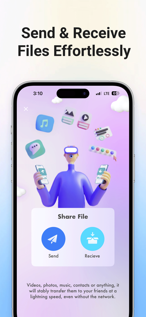 Smartphone screen displaying the File Transfer app interface with large Send and Receive buttons.