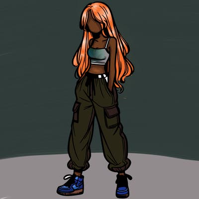 girl in baggy pants crop top and long hair