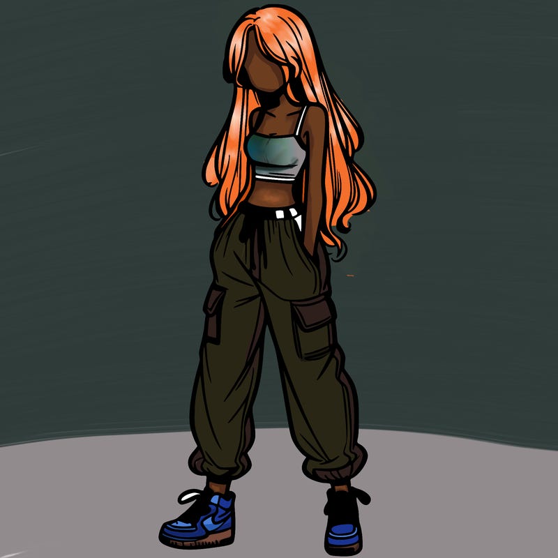 girl in baggy pants crop top and long hair