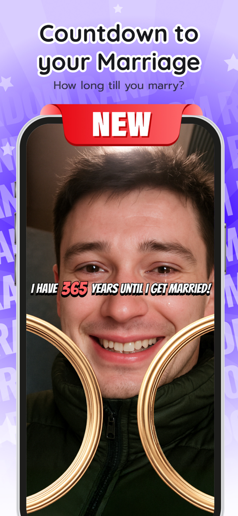 Random Filter: Lovely Tap - Smartphone screen showing a funny marriage prediction filter with 365 years remaining