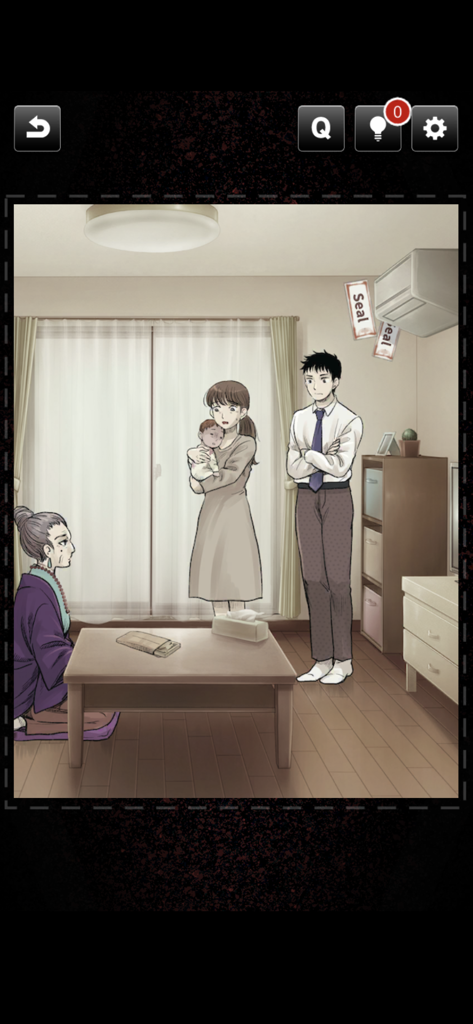 Characters in a living room investigating supernatural events in the Phantom Files Truth Seekers mobile game