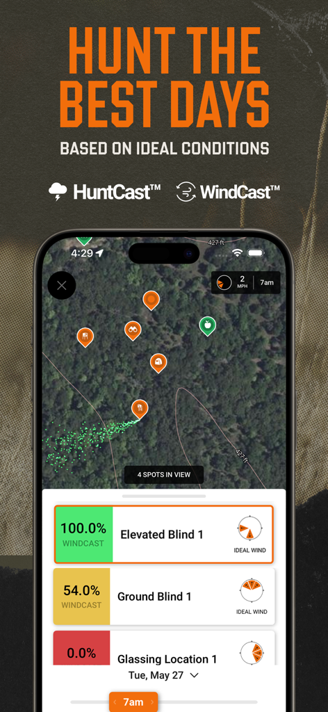 HuntWise app screenshot showing WindCast predictions and mapping for hunting blinds.