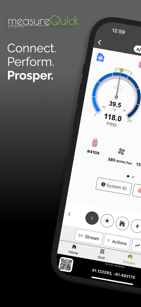 measureQuick HVAC mobile app interface showing digital gauges for pressure and temperature diagnostics.