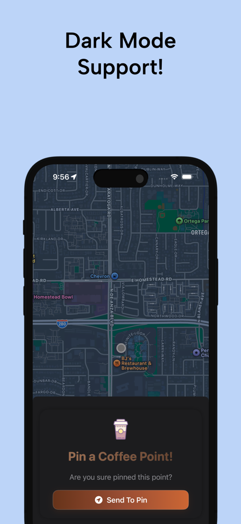 Coffee Compass: Maps & Guide - Coffee Compass mobile app interface showing dark mode map and the option to pin a coffee point