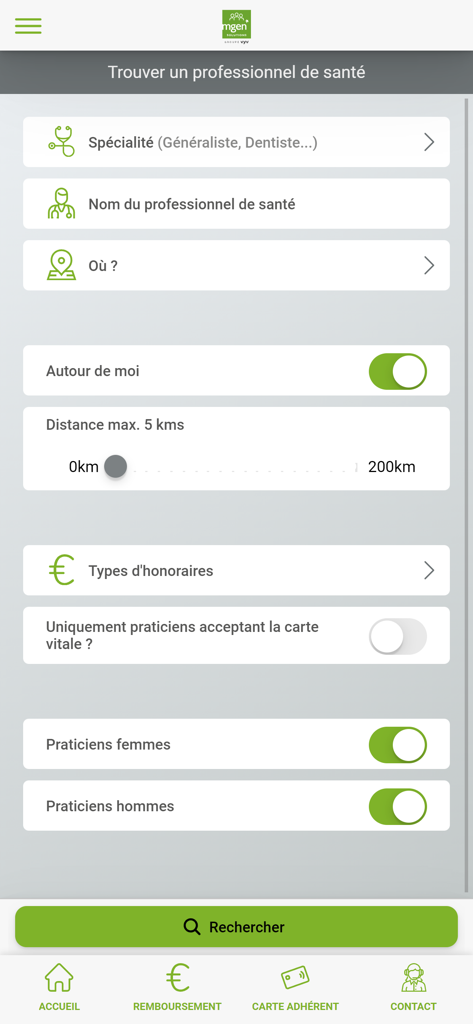 MGEN Solutions app interface for searching healthcare professionals with filters for specialty, location, and distance.