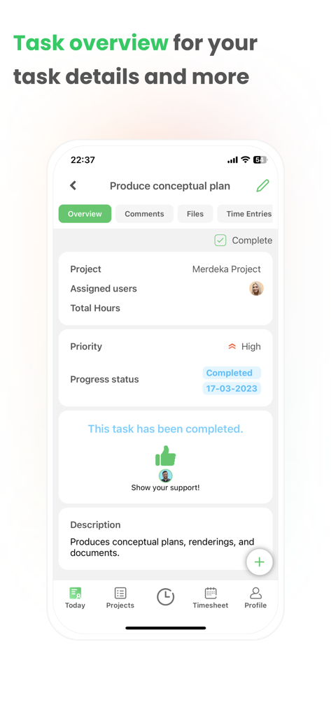 Timey – Work Management - Screenshot of Timey app showing a completed task overview with project details priority and progress status.