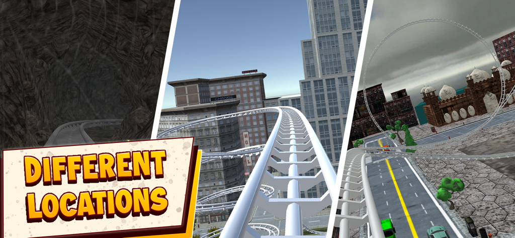 VR Roller Coaster Adventures - Eine Collage, die drei verschiedene Achterbahn-Umgebungen zeigt, darunter eine dunkle Höhle, eine Stadt mit Wolkenkratzern und ein historischer Platz mit einer Schleife