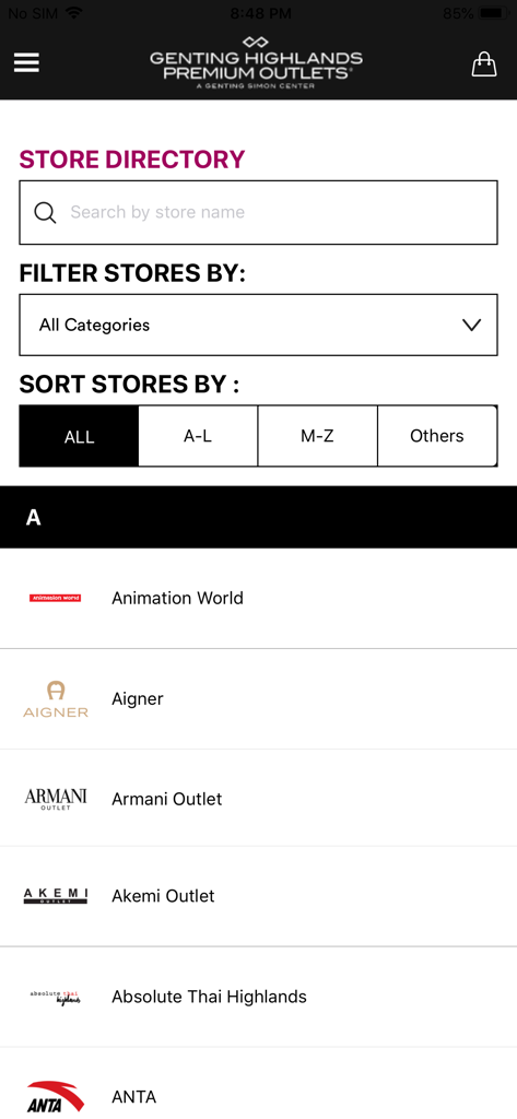 Premium Outlets Malaysia - Página do diretório de lojas do aplicativo móvel Premium Outlets Malaysia mostrando listagens de marcas e filtros de busca