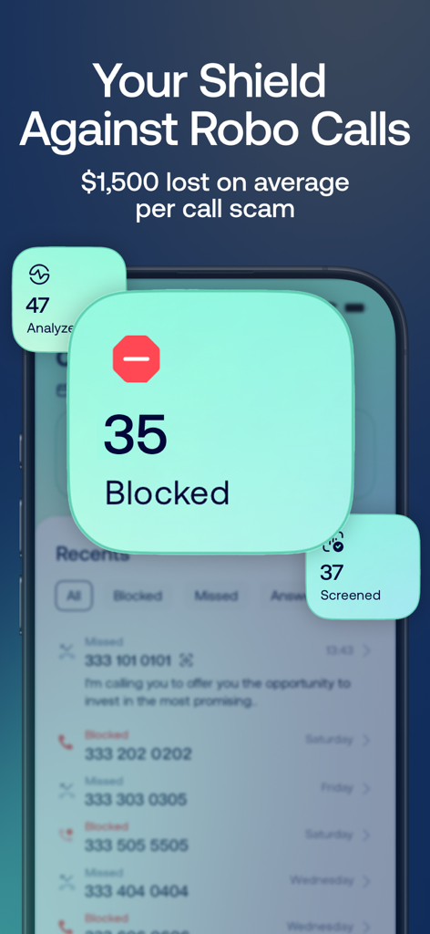 Robokiller app interface showing blocked and screened robocall statistics as a shield against scams