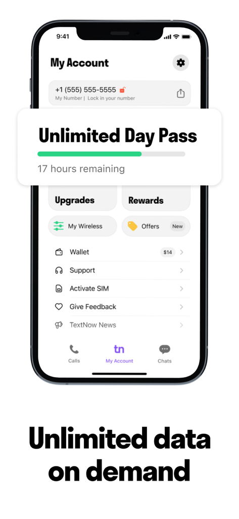 TextNow mobile app screen showing account dashboard with an unlimited data day pass active